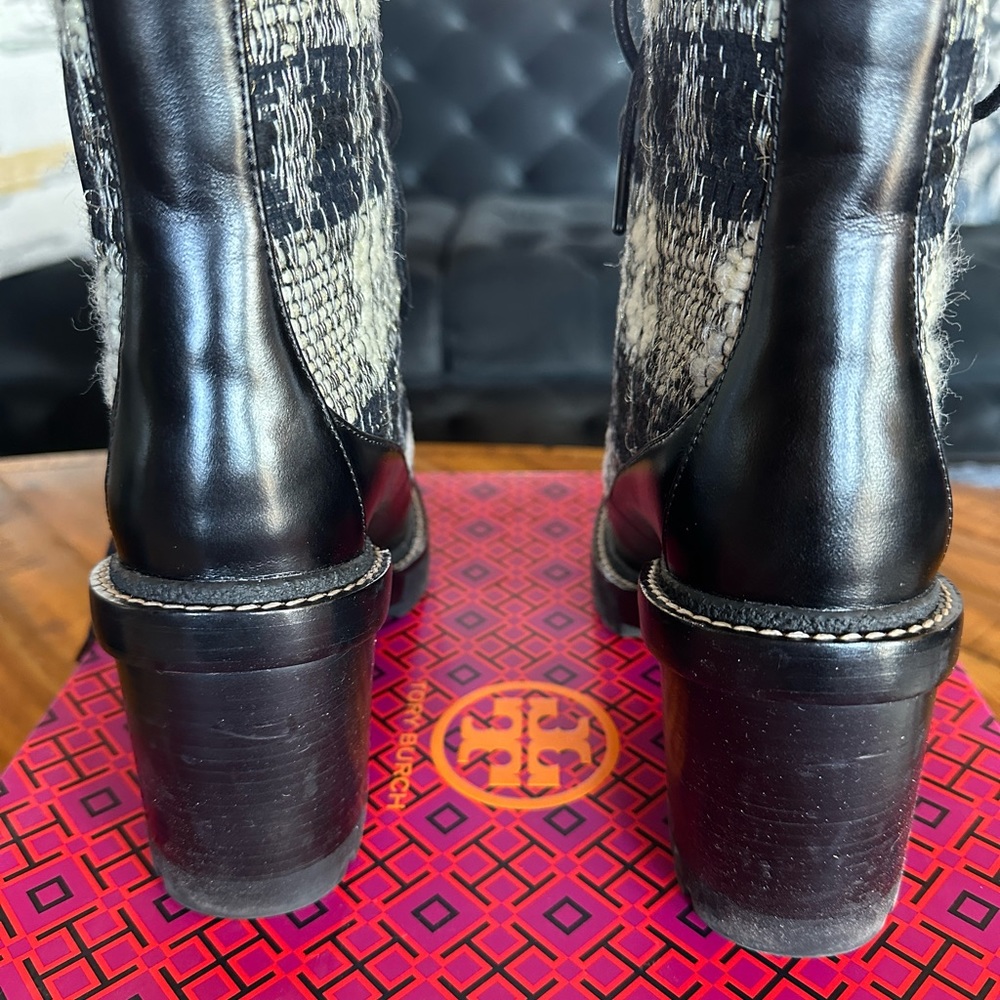 Tory Burch Black & White Tweed Lace-Up Combat Boot - Picture 4 of 7